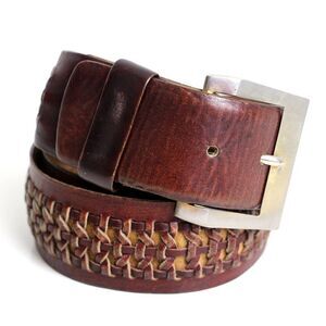 VINTAGE BROWN BRAIDED GENUINE LEATHER 1 5/8" Wd CASUAL MEN'S BELT Sz 34 (D34